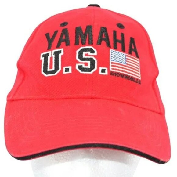 Vintage Yamaha USA Snowmobile RV Embroidered Flag Black Red Cotton Ball Cap Hat